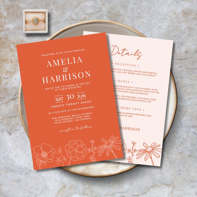 Verona Sunset Orange alles in einer blumigen Hochz Einladung (Verona Sunset Orange All-In-One Floral Wedding Invitation with Line Art, Details on the Back.)