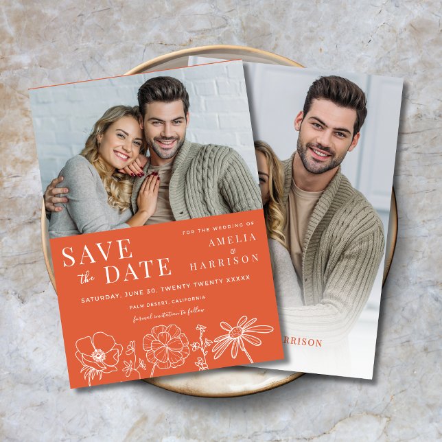 Verona Sunset Orange Bloral Zwei Fotos Hochzeit Save The Date (Verona Sunset Orange Floral Two Photo Wedding Save the Date with Line Art Flowers.)