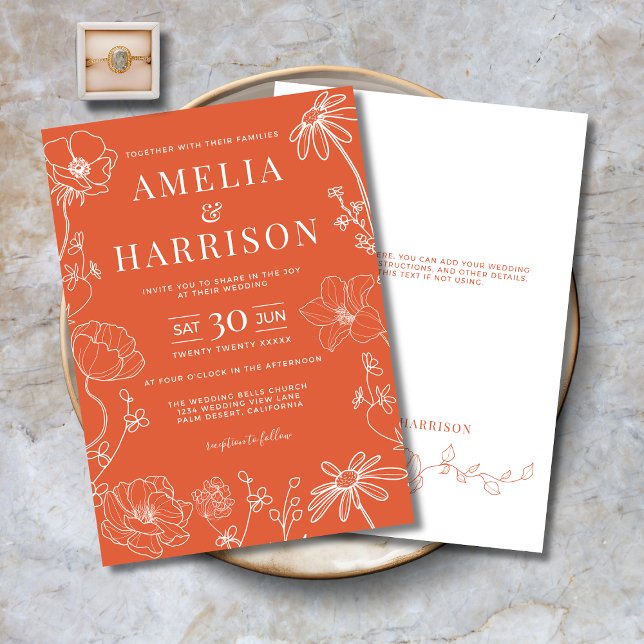 Verona Sunset Orange Blumenstrauch Einladung (Verona Sunset Orange Floral Line Art Wedding Invitation with Optional Text on Back.)