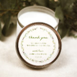 VERONA Wildblume Wreath Wedding Runder Aufkleber<br><div class="desc">VERONA Wildblume Kranz,  Hochzeit danke Ihnen für Aufkleber. Merkmale,  moosgrüne Typografie mit hellbeigem Hintergrund. Der Stil und die Farbe des Schriftartes können mit der Funktion "Bearbeiten mit dem Designwerkzeug" angepasst werden.</div>