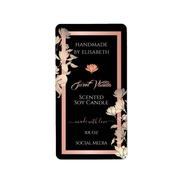 Verpackungsetiketten für schwarze Blumen Rose Gold Adressaufkleber (Vorne)
