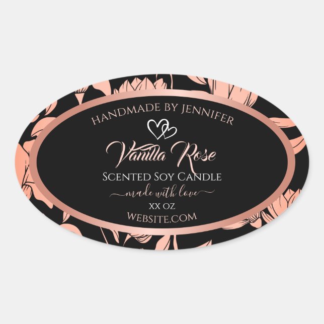 Verpackungsetiketten für schwarze Blumen Rose Gold Ovaler Aufkleber (Vorderseite)