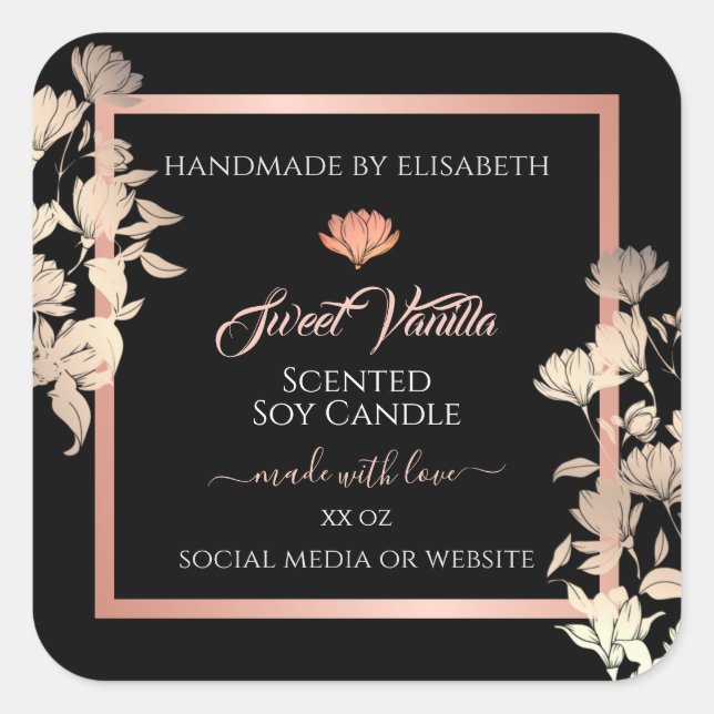 Verpackungsetiketten für schwarze Blumen Rose Gold Quadratischer Aufkleber (Vorderseite)