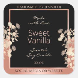 Verpackungsetiketten für schwarze Blumen Rose Gold Quadratischer Aufkleber