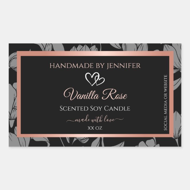 Verpackungsetiketten für schwarze Blumen Rose Gold Rechteckiger Aufkleber (Vorderseite)