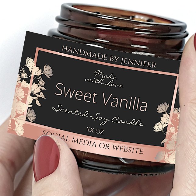 Verpackungsetiketten für schwarze Blumen Rose Gold Rechteckiger Aufkleber (Von Creator hochgeladen)