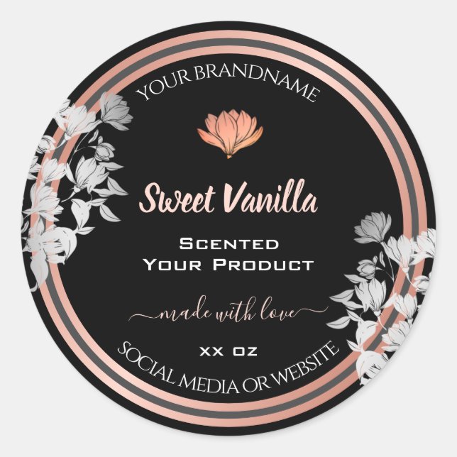 Verpackungsetiketten für schwarze Blumen Rose Gold Runder Aufkleber (Vorderseite)