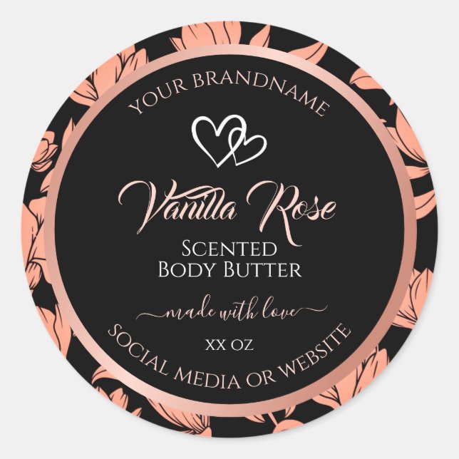 Verpackungsetiketten für schwarze Blumen Rose Gold Runder Aufkleber (Vorderseite)