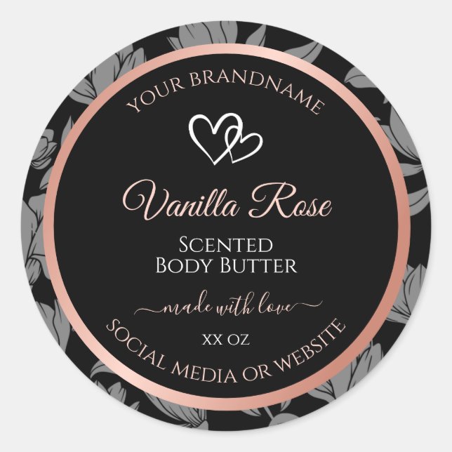 Verpackungsetiketten für schwarze Blumen Rose Gold Runder Aufkleber (Vorderseite)