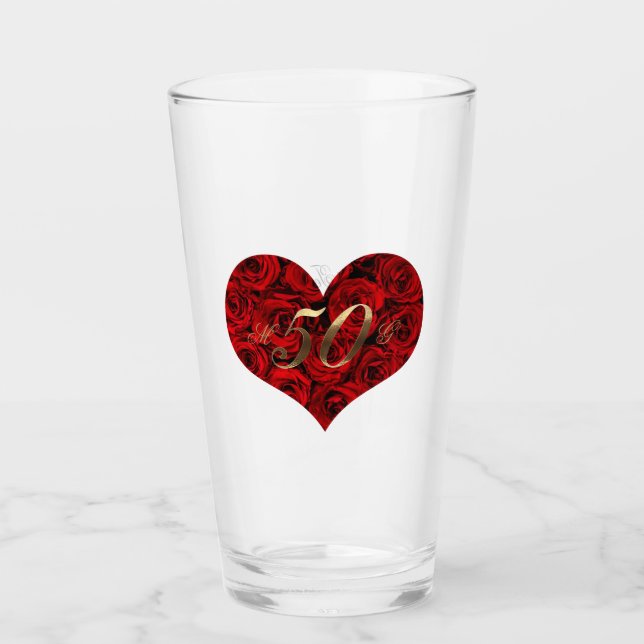 Verre 50e anniversaire de Mariage Roses rouges Coeur élé (Devant)