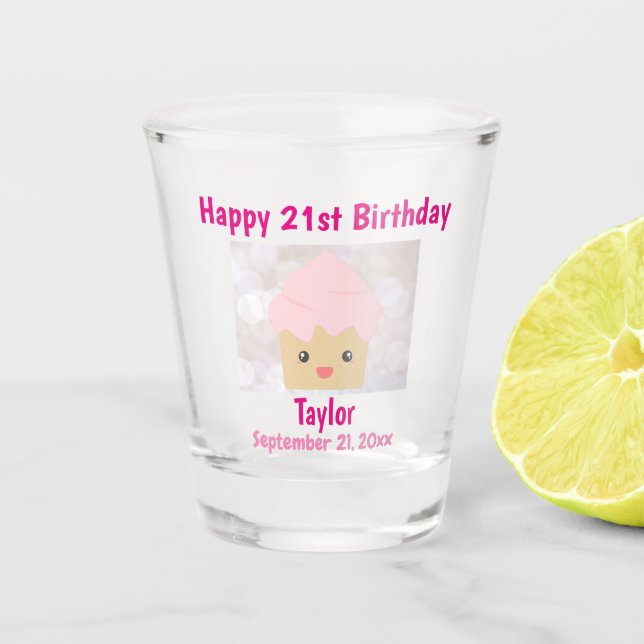 Verre A Shot 21e Joyeux Anniversaire mignon Cupcake rose Souven (Devant)