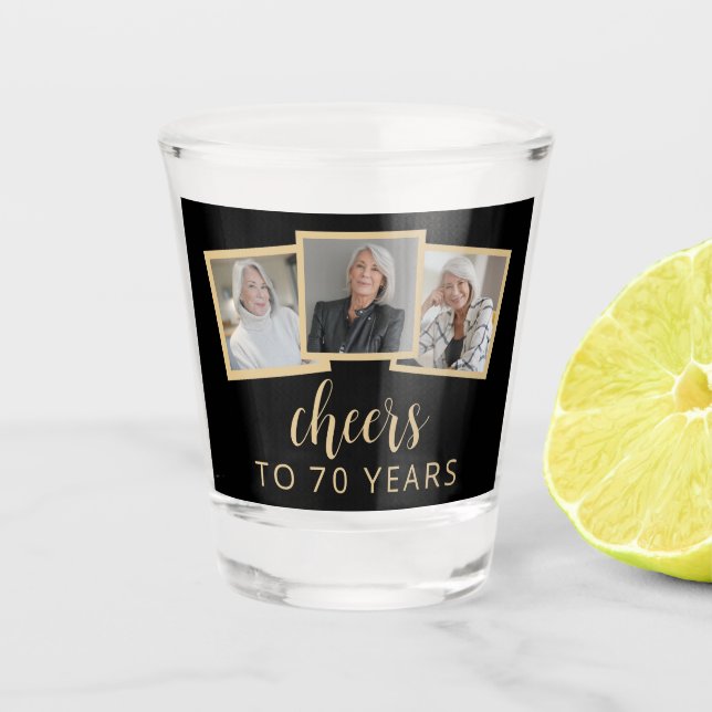 Verre A Shot 70e anniversaire 3-Photo Black Gold Script Cheers (Devant)