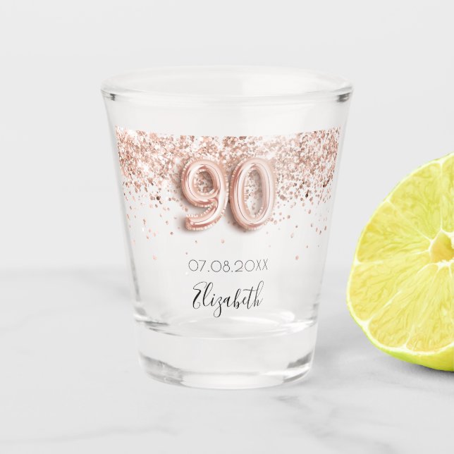 Verre A Shot 90e anniversaire rose or blush confetti nom (Devant)
