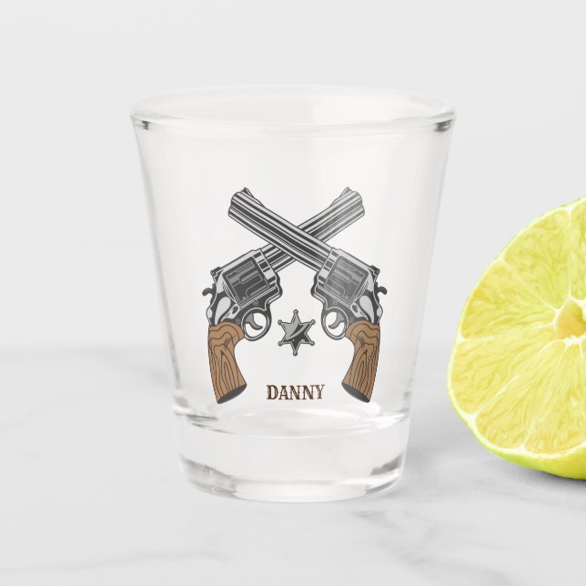 Verre A Shot Ancien Ouest Croisé Armes À Feu Et Insigne Avec Le (Devant)
