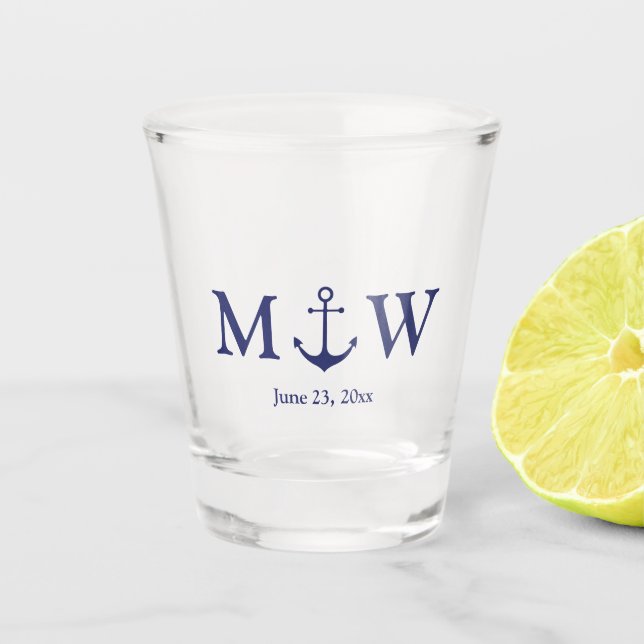 Verre A Shot ancre nautique mariage marine bleu monogramme favo (Devant)