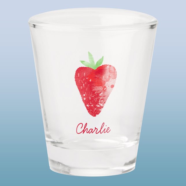Verre A Shot Aquarelle de fraise Nom personnalisé (Strawberry watercolor art personalized custom name script font shot glass )