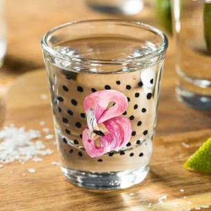 Verre A Shot Aquarelle rose exotique moderne Flamant rose & poi
