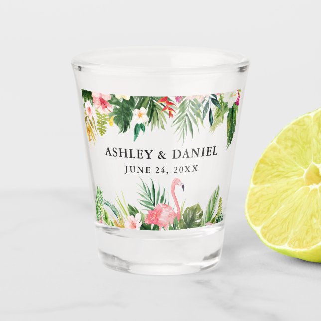 Verre A Shot Aquarelle tropicale Flamant rose floral Mariage (Devant)