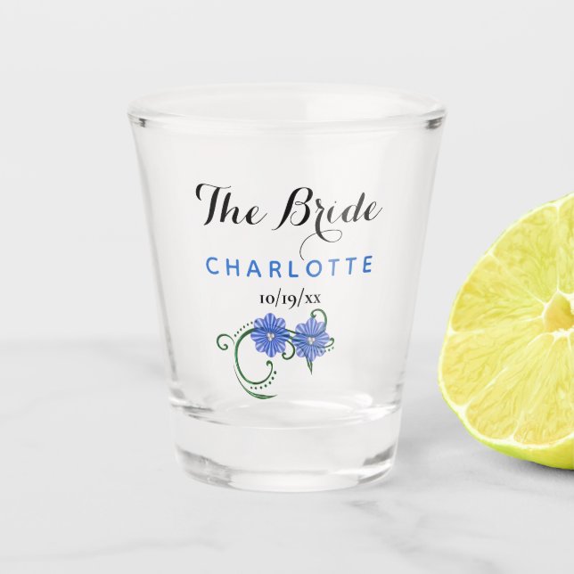 Verre A Shot Bachelorette Fête Mariée Mariage Fleurs Bleues (Devant)