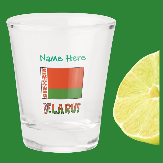 Verre A Shot Biélorussie Drapeau Vert Personnalisé (Belarusian Flag on shot glass and word BELARUS below in flag colors. Add name in green text above.)