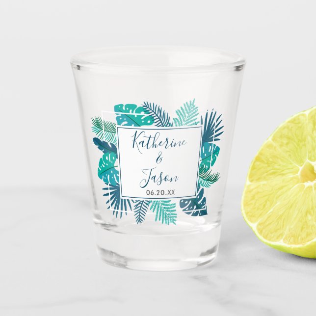 Verre A Shot Bleu Botanique Tropical Palm Summer Beach Mariage (Devant)