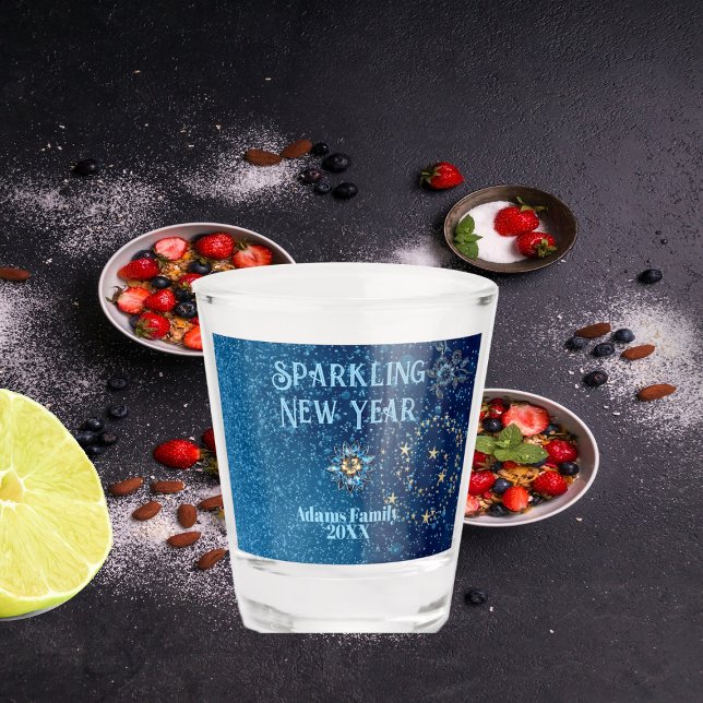 Verre A Shot Bleu étincelant Nouvel An Parties scintillant Étoi (Blue Sparkling New Year Glitter Stars Floral Party Shot Glass)