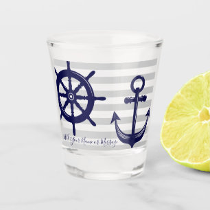 Verre A Shot Bleu Nuit Naval Ancre Roue de Bateau Rayure Grise