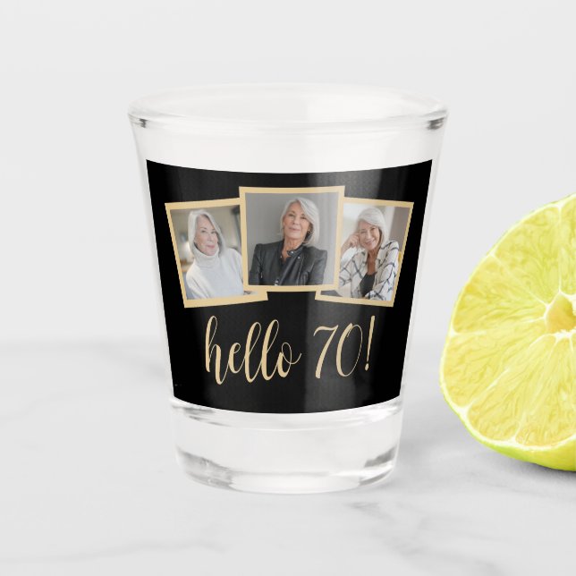 Verre A Shot Bonjour 70 Anniversaire 3-Photo Black Gold Script  (Devant)