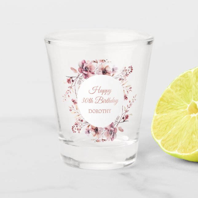 Verre A Shot Bougogne personnalisée Dusty rose floral 30e anniv (Devant)