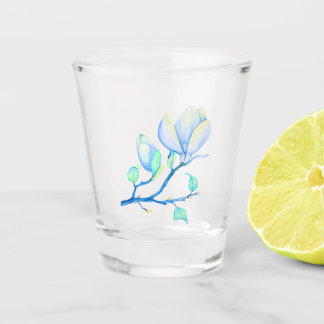 Verre A Shot Branche de Magnolia Aquarelle Bleu Vert Botanique