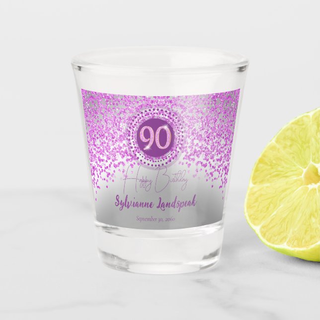 Verre A Shot Cadeau 90e anniversaire chic argent et paillettes  (Devant)