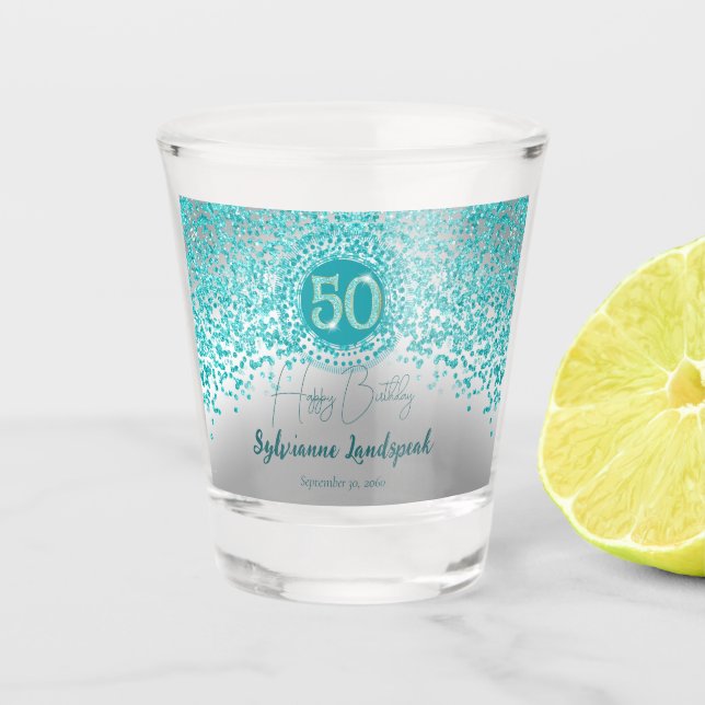 Verre A Shot Cadeau de 50e anniversaire pailleté bleu sarcelle  (Devant)