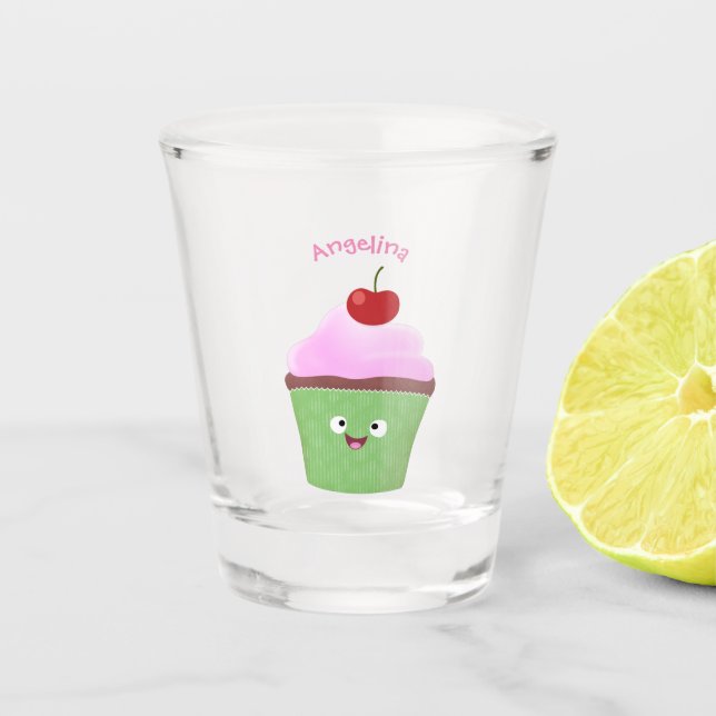 Verre A Shot Caricature de cupcake joyeux (Devant)