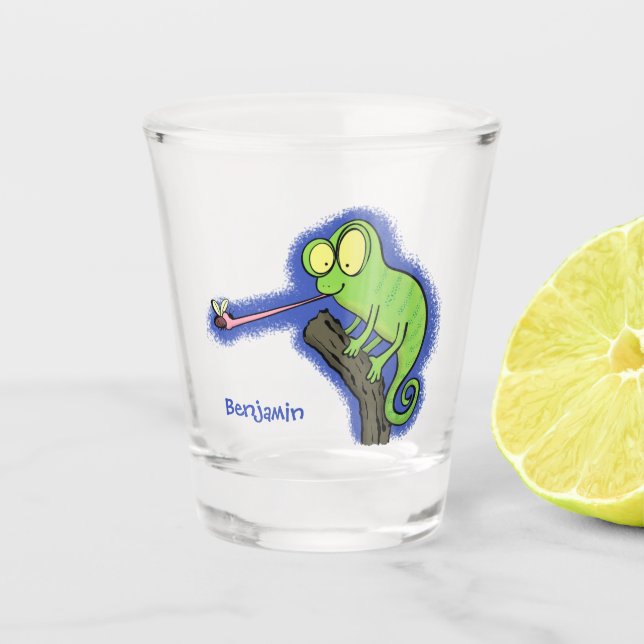 Verre A Shot Caricature de lézard de caméléon vert joyeux (Devant)