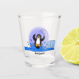 Verre A Shot Caricature de manchot joyeux sautant