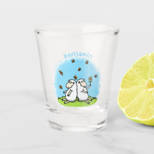 Verre A Shot Caricature de moutons mignons amis et papillons