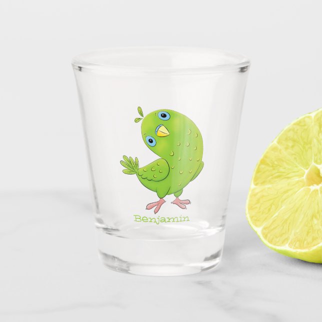 Verre A Shot Caricature de perruche verte curieuse (Devant)
