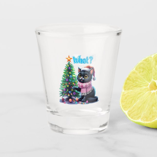 Verre A Shot Chat de Noël amusant Avec Sticker Arbre (Devant)