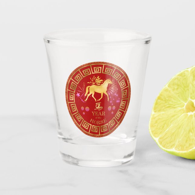 Verre A Shot Chinois Zodiac Horse Rouge/Or ID542 (Devant)
