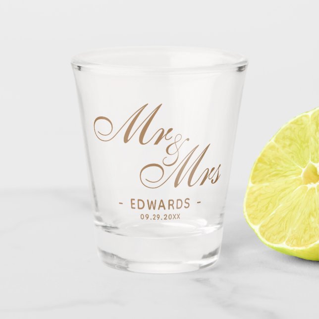 Verre A Shot Classic Gold Script Mr et Mrs Mariage Souvenir (Devant)