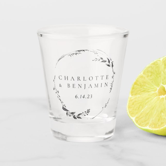 Verre A Shot Couronne Florale noire Mariage personnalisé Date (Devant)