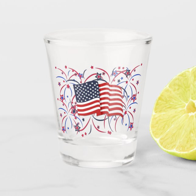 Verre A Shot Drapeau américain et feux d'artifice (Devant)