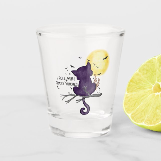 Verre A Shot Drôle Halloween Chat noir et Lune magique (Devant)
