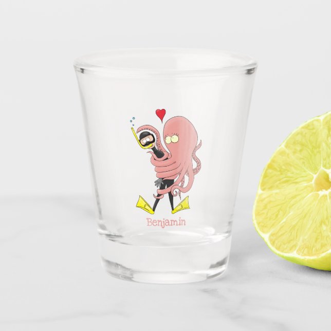 Verre A Shot Drôle pieuvre embrasse plongeur dessin animé humou (Devant)