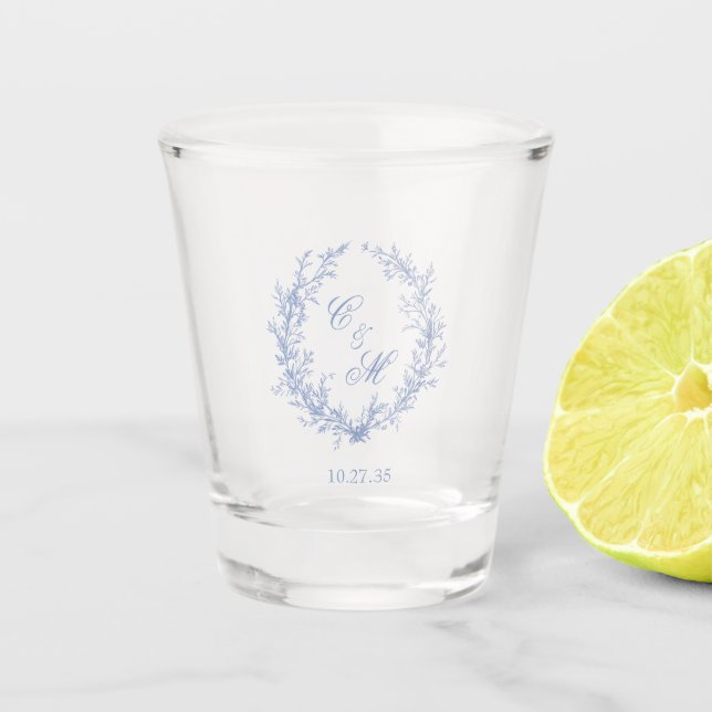 Verre A Shot Dusty Blue Monogram Mariage de couronne botanique (Devant)