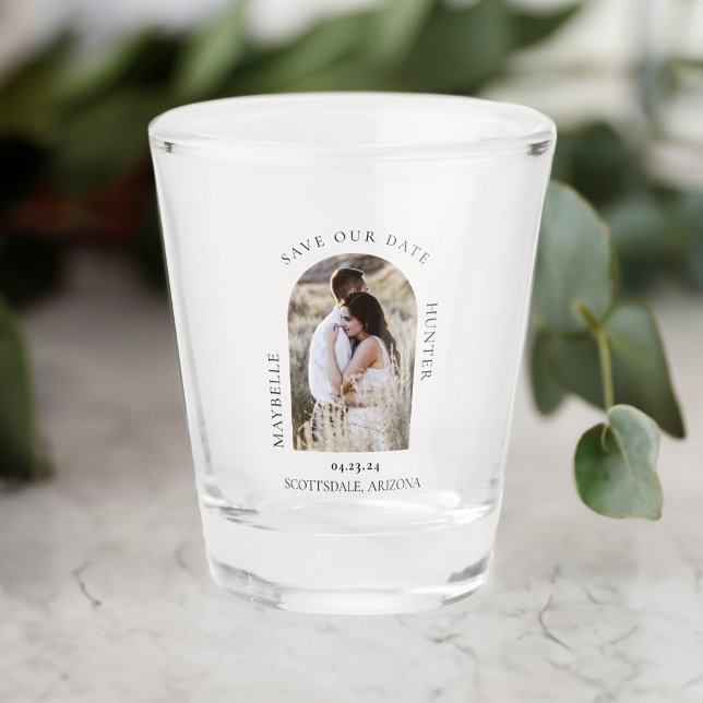 Verre A Shot Elégant Cadre Arc Photo Enregistrer La Date (Elegant Photo Arch Frame Save The Date Shot Glass)