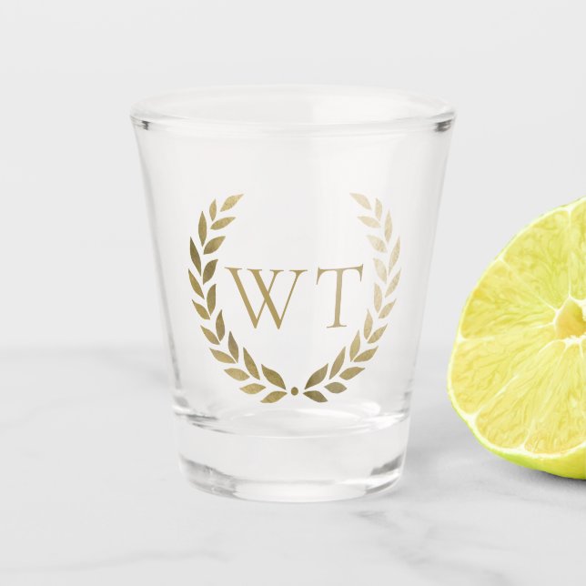 Verre A Shot Élégant Gold Laurel Wreath Monogram Initiales (Devant)