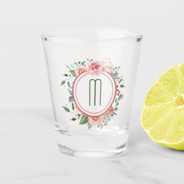 Verre A Shot Élégant Monogramme de cadre vert rose (Devant)