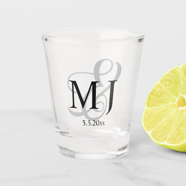 Verre A Shot élégant monogramme de mariage gris noir minimal (Devant)