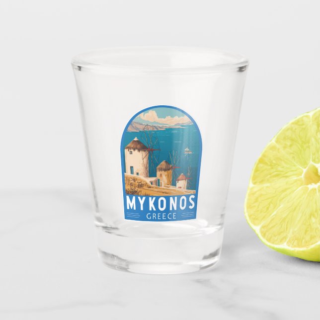 Verre A Shot Emblème de Mykonos Grèce Travel Art (Devant)